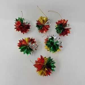 6 Vintage Atomic Foil Pom Pom Christmas Ball Ornaments ~ Metallic Gold Red Green